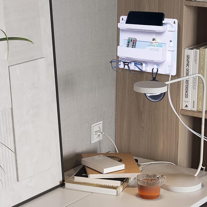 Bedside Shelf Wall Mount, Adhesive Bedside Shelf Accessories Organizer with Hooks and Cable Clips,Dorm Bedside Wall Storage for Phone, Remote, Earphone, Kindle,Plastic(White)