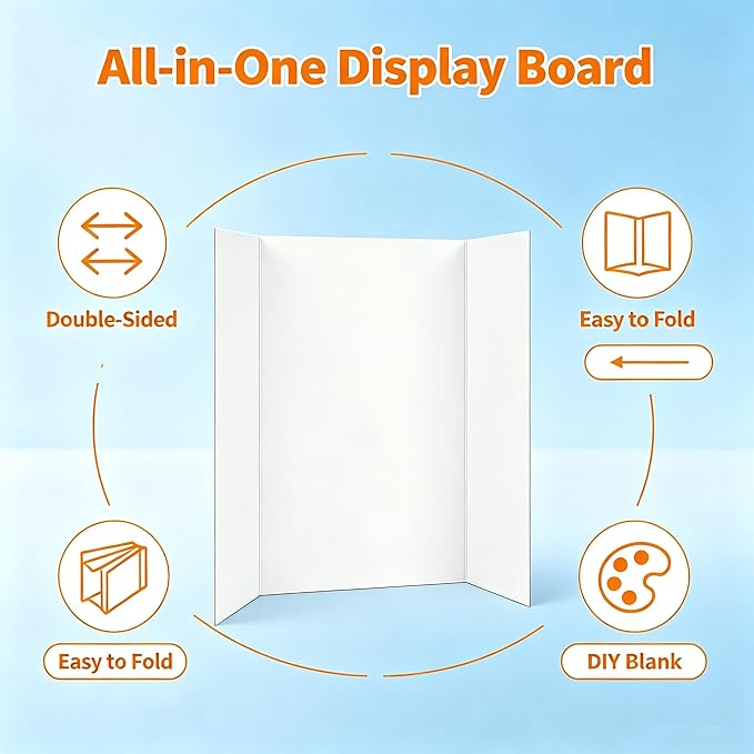 13 Pcs Trifold Poster Board 21.4" x 14", White Corrugated Presentation Board with Double Sided Tapes, Display Board for School Project, Science Fair