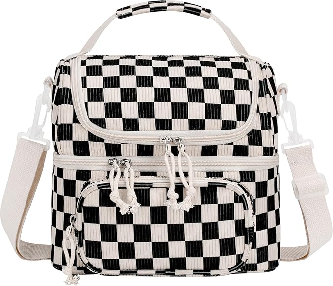 HowFly Lunch Bag for Women Insulated Lunch Boxes Corduroy Resuable Lunch Box for Girls Teens Kigs Boys Portable Thermal Cooler Bags for School Work Black White Checkered