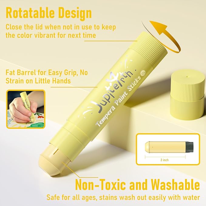 JUPITEARTH 12 Colors Tempera Paint Sticks with 120 PDF Coloring Pages and 30 Stickers, Quick Drying, Smooth, Non-Toxic and Washable Paint Sticks for Kids Drawing on Pumpkin, Wood, Rock, Glass