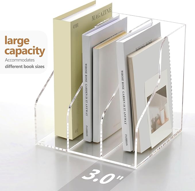 SANRUI 3 Slots Acrylic Magazine Holder, Desktop File Sorter Organizer Rack Bookshelf, Workspace Sorters Office Desk Accessories Organization Storage Stand, Clear