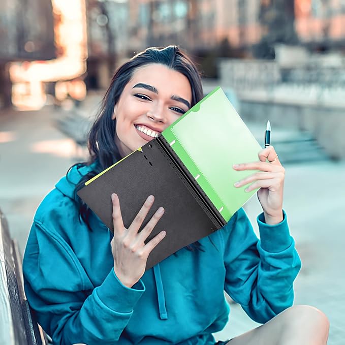 INFUN All-in-one Telescoping Binder Notebook - 2PCS,Refillable 3 Ring Notebook Binder with 1 Plastic Movable Pocket Folder,5 Plastic Subject dividers and Graph Paper and College Ruled Paper - Green