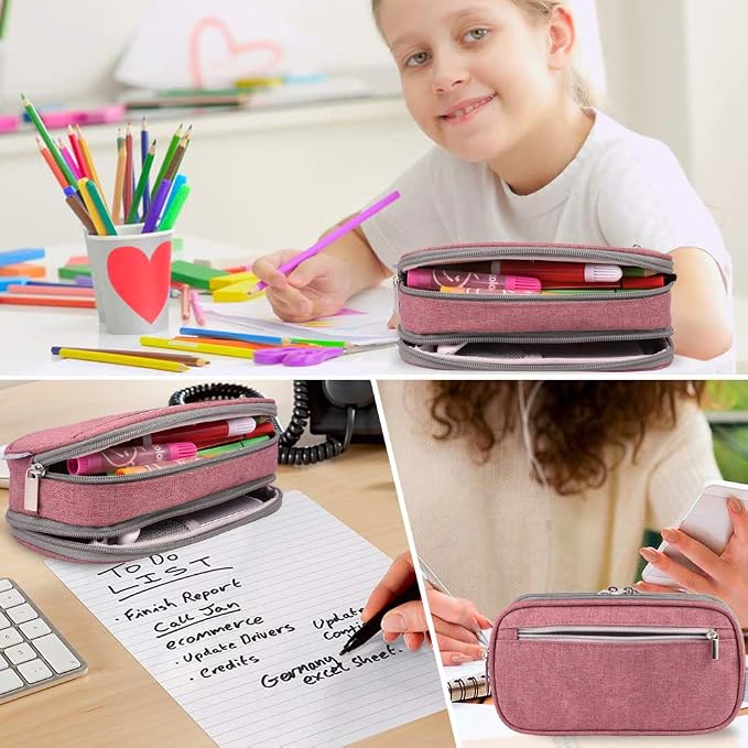 Big Capacity Pencil Case Large Pencil Bag Pouch High Storage Pen Marker Holder 3 Multi Functional Compartments Office Desk Organizer Makeup Bag, Pink