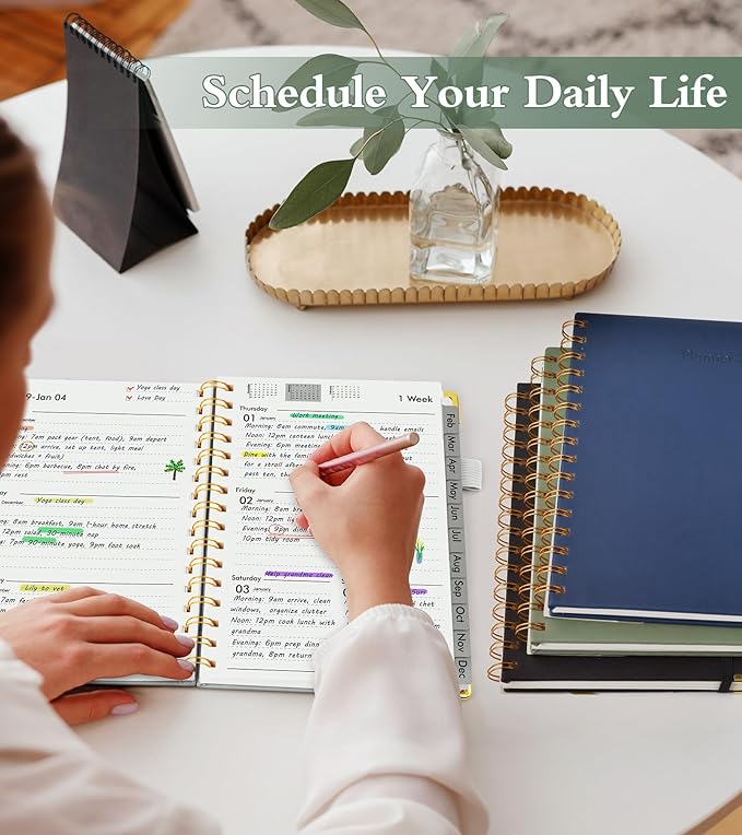 2026 Planner, Hardcover Leather Weekly and Monthly Planner, January 2026 - December 2026, Spiral Yearly Agenda Organizer Book 2026 with Tabs, Daily Calendar Planners for School Work Home, A4 (8.5" x 11"), White
