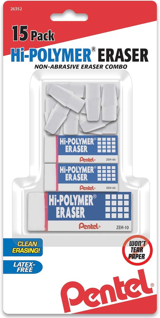 Pentel Hi-Polymer Eraser White Assorted Pack, 15 Pack