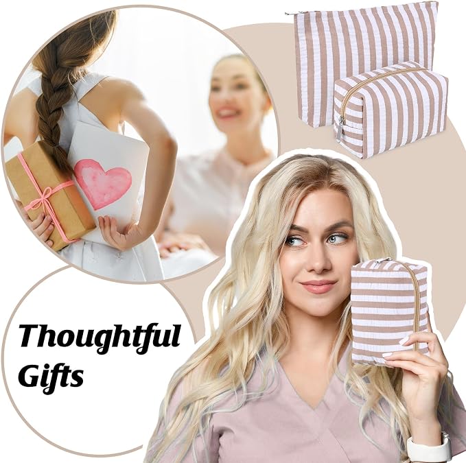 Huhumy 2 Pcs Makeup Bag Set for Women, Khaki, Wide Striped Seersucker | Cute Cosmetic Pouch Women Travel Toiletry Bag Preppy Small Makeup Purse Pouch Aesthetic Skincare Brushes Storage Organizer