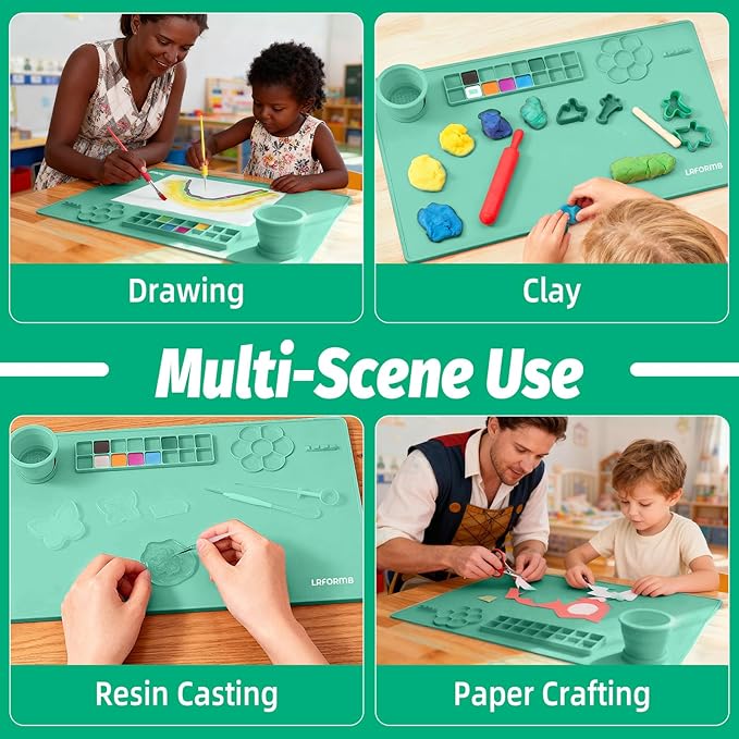 Silicone Craft Mat, Paint Pad with Detachable Cleaning Cup, Paint Mats with 3 Painting Brushes, 23.6 x 15.8in Nonslip Art Mat, Painting Station Reusable Art Supplies for Kids(Green)