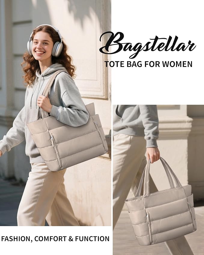 Bagstellar Puffer Tote Bag for Women, Lightweight Puffy Work Handbag Teacher Nurse Quilted Shoulder Bag for School Travel Gym | Cloud Bag w/ Zipper