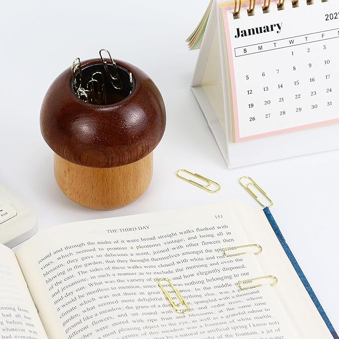 MultiBey Magnetic Mushroom Paper Clip Holder –Wooden Paperclip Holders for Desk with 100pcs 1.1in Gold Paperclips, Cute Paper Clip Dispenser for School,Home,Office