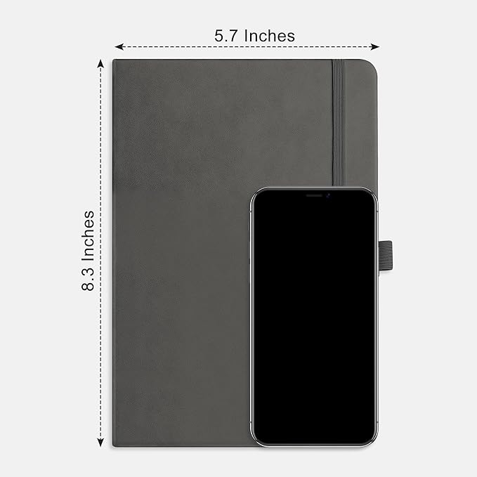 RETTACY Dotted Journal Notebook, 192 Pages, A5 Medium Size (5.7'' x 8.3''), Leather Hardcover, 100 GSM Thick Paper, for Journaling, Planning, Tracking (Gray)