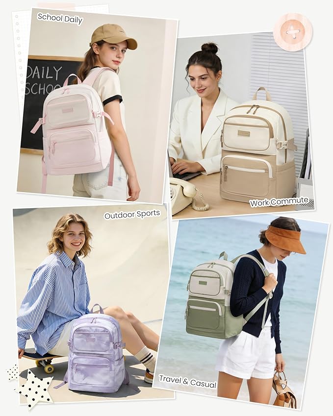 LOVEVOOK School Backpack for Teen Girls & College Students, Large Capacity Laptop Backpack with Water Bottle Holder, Lightweight Bookbag for School, Travel & Everyday Use, Beige-Pea Green