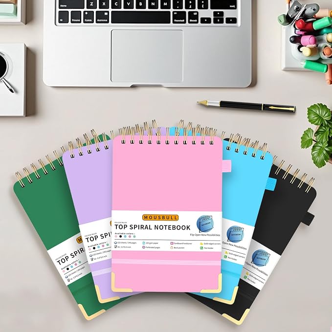 Top Spiral Notebook, A5 Hardcover Top Bound Steno Pads, 240 Pages 100gsm College Ruled Left Handed Notebook Journal for Work, School, Meeting Writing - Pink, 5.9" x 8.5"
