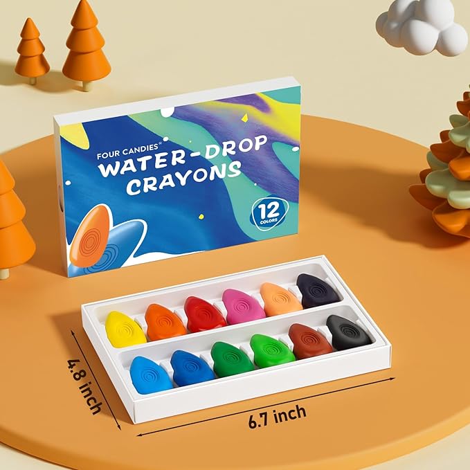 Four Candies Crayons for Kids 12 Colors, Non Toxic Washable Crayons for Toddlers 1-3, Unbreakable Easy-Grip Water-Drop Shape for Little Hands, Art Supplies for Kids Toddlers Coloring Gift
