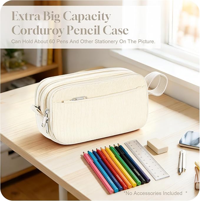 TESAFNG Corduroy Pencil Case, Large Capacity Pencil Pouch with 4 Compartments, Cute Soft Aesthetic Stationery Pen Bag Organizer with Zipper, Portable School Supplies for Teen and Adult Girls, Beige