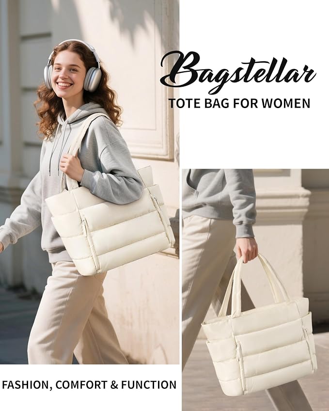 Bagstellar Puffer Tote Bag for Women, Lightweight Puffy Work Handbag Teacher Nurse Quilted Shoulder Bag for School Travel Gym | Cloud Bag w/ Zipper
