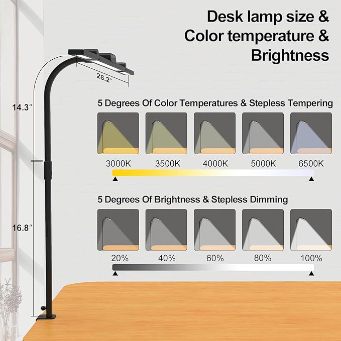 Omorepa 3 Light Bar Gooseneck Architect Desk Lamp with Clamp, 24W Bright Led Tall Overhead Desk Light for Home Office,Eye Care Reading Table Light for Desktop Working,Drafting,Reading