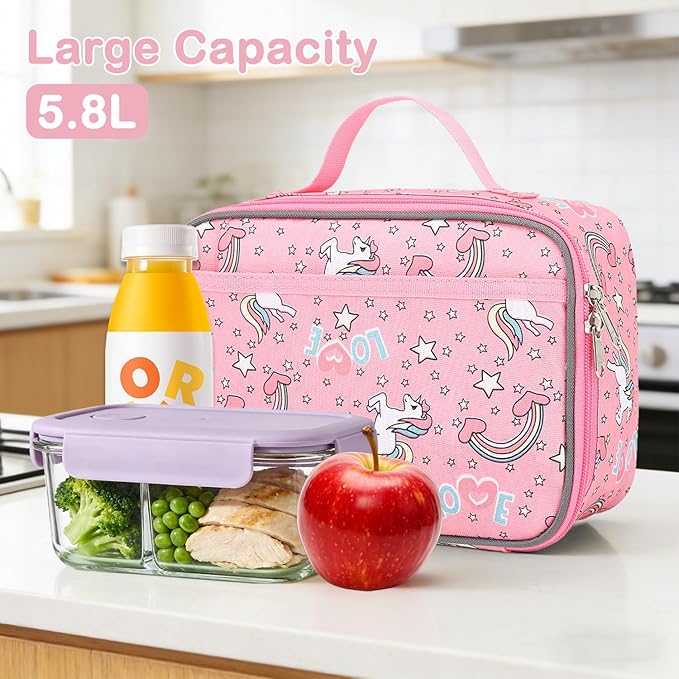 FlowFly Kids Lunch box Insulated Soft Bag Mini Cooler Back to School Thermal Meal Tote Kit for Girls, Boys, Unicorn
