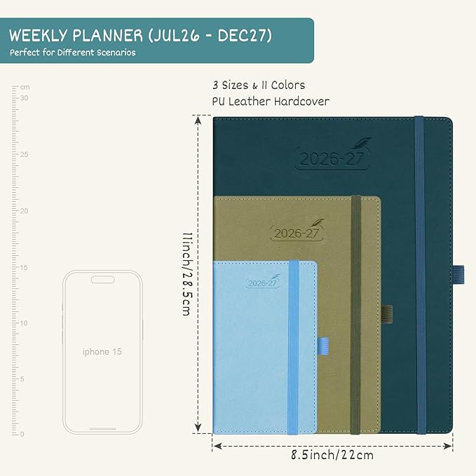 BEZEND Weekly Planner 2026-2027 (8.5" x 11") with Hourly Timeslots (Jul 26-Dec 27) 18 Months Academic Calendar & Monthly Tabs, Ideal for Students, Work & Home, PU Leather Hardcover -Turquoise