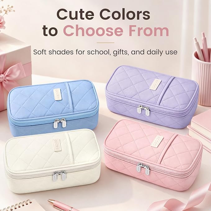 Sooez Cute Pencil Case, Soft Quilted Pencil Pouch, Large Pen Pencil Bag | Zipper Pen Case, Aesthetic Pen Pouch, Colored Stationery Storage & Organizer, School Supplies for Teen Girl Students, Pink
