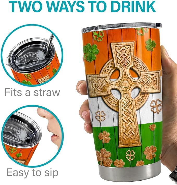 SANDJEST Irish Tumbler 20oz Celtic Cross Irish Fact Stainless Steel Tumbler with Lid Gifts for Women Birthday Christmas
