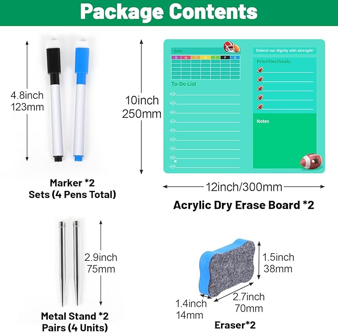 LeMotech Desktop Acrylic Dry Erase Board, 12x10 inches Weekly & to-Do List Planner, Tabletop Whiteboard with Stand, Office Supplies Includes 2 Markers & 1 Eraser, Green Football Pattern, 2 Pack