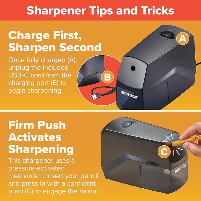 Bostitch Portable Rechargeable Battery Horizontal Pencil Sharpener Helical Blade for No.2/Colored Pencils, Black