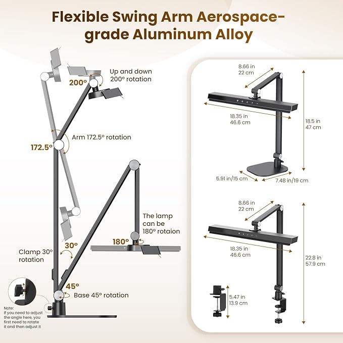 LIONVISON LED Desk Lamp for Home Office, Eye-Caring Desk Light with 2 in 1 Base/Clamp, Adjustable 5 Color 10 Brightness Computer Light with Memory & Timer Func, Metal Swing Arm Anti-Glare Table Lamp