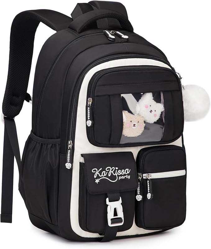 PIG PIG GIRL Kids Backpack for Girls - School Bags for Middle School Students - Book Bag for Elementary Primary - Kawaii Ita Backpack - Black and Beige
