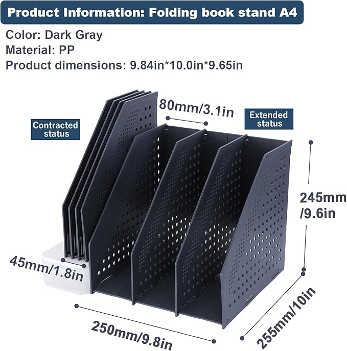 FRETONBA Collapsible Magazine File Holder with 3 Vertical Compartments Foldable Binder Holder for Desk Binder Storage Organizer Plastic Magazine Holders for Shelf, Dark Gray