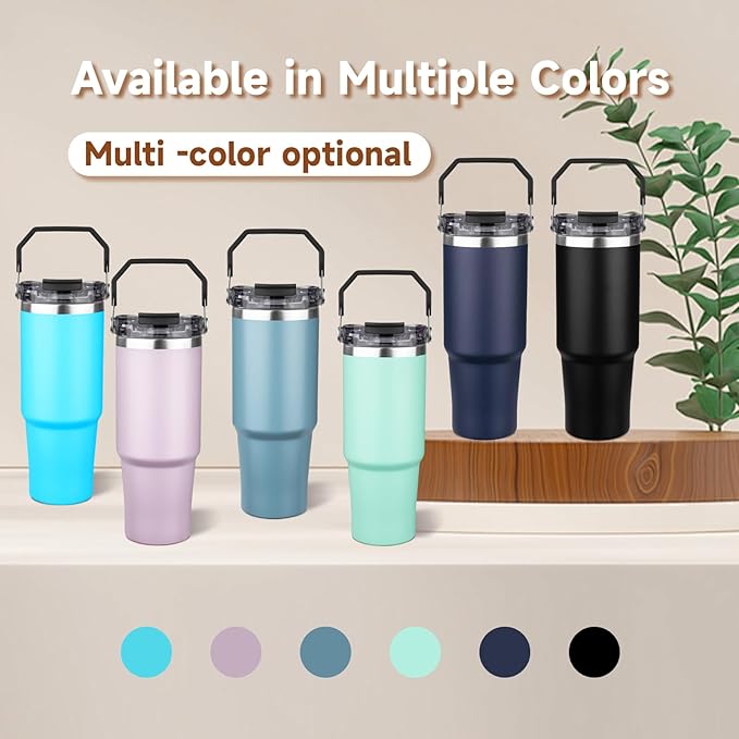 30oz Tumbler with Handle and Flip Straw Lid Double Wall Insulated Travel Coffee Mug Stainless Steel Vacuum Insulated Coffee Tumbler Cup for Hot and Cold Beverages,Leak-proof&BPA-free(30oz,Baby blue)