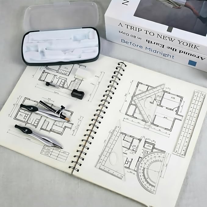Marte Vanci 10 Piece Geometry Set, Math Geometry Kit with Storage Case, Includes 2 Compasses Rulers Protractor Pencil Eraser Sharpener Lead Refills Student Supplies for Drafting, Math Study (Black)