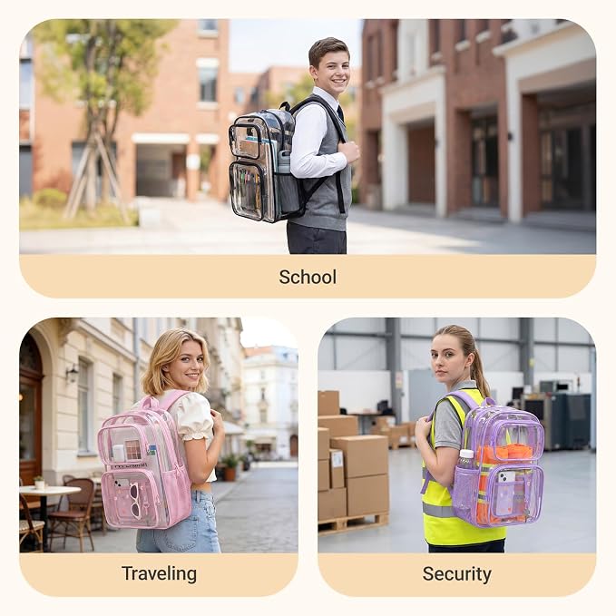 mommore Clear Backpack Set for School, Large Heavy Duty Transparent Bookbag with Pencil Bag for Boys Girls, 17 inch See Through PVC Plastic Backpack with DIY Patches for College Work Casual
