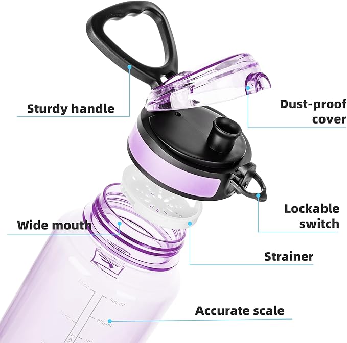 Fanhaw 32 Oz Clear Tritan Water Bottle, BPA-Free & Leak-Proof, Wide Mouth with Anti-dust Chug Lid, Reusable Plastic Bottle for Gym, Travel, School & Office (Amethyst)