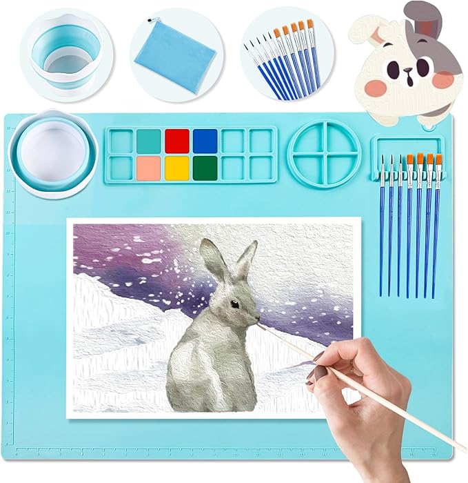 DIYDEC Silicone Craft Mat 20X16 Inch Large Silicone Art mat with Detachable Cup Painting Mat with 10 Painting Brushes Silicone Drawing Mat Sheets for Kids Adult DIY Accessories (Blue)