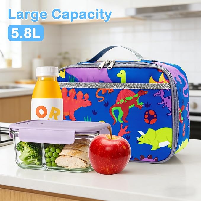 FlowFly Kids Lunch box Insulated Soft Bag Mini Cooler Back to School Thermal Meal Tote Kit for Girls, Boys, Dinosaur