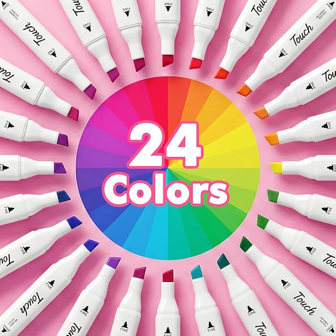 Alcohol Markers Set, 24 Colors Dual Brush Tip Art Coloring Markers for Adult Drawing, Permanent Alcohol Based Colored Sketch Pens Art Supplies Gifts for Illustration