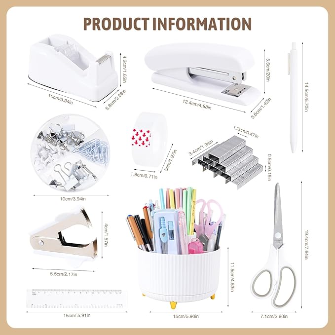 Gawsey Desk Organizers and Accessories Set with 360-Degree Rotating Pen Holder, Tape Dispenser, Stapler, Staple Remover, 1000 Staples, Tape, Clips Set, Ruler, Scissor, Pen (White)