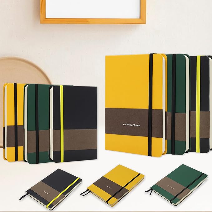 A6 Leather Hardcover Notebook - 2Pack 192 Pages Thick 100GSM Paper, Dotted/Grid/Blank, with Elastic Band & Inner Pocket for Writing, Sketching, Journaling (Yellow)