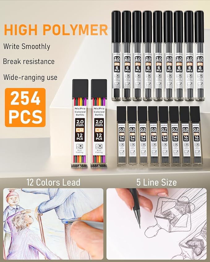 Nicpro 34PCS Black Art Mechanical Pencils Set, Metal Automatic Pencil 0.3, 0.5, 0.7, 0.9 mm & 2PCS 2mm Lead Holder (6B 4B 2B HB 2H 4H Colors) For Sketching Drawing With 19 Tube Lead Refills Case