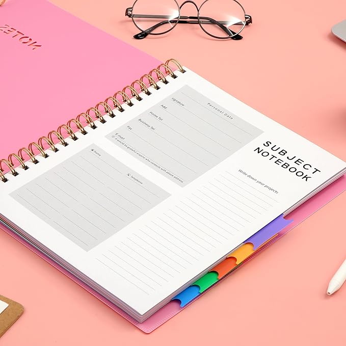 CAGIE 2 Pack 5 Subject Notebook College Ruled 8.5 x 11 Notebooks for Work School Note Taking with Removable Dividers & Pocket Hardcover Spiral Lined Journal Notebook, School Supplies, Pink