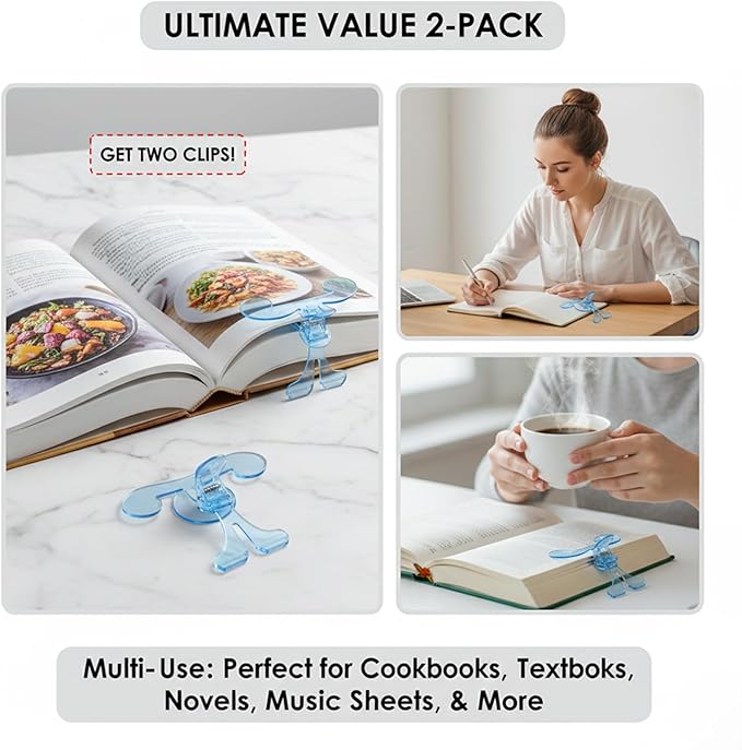 2 PCS Portable Book Page Holder Clip, Transparent Blue, Hands-Free Reading Stand with 12 Degree Ergonomic Scientific Rack for Students, Teachers & Clerks