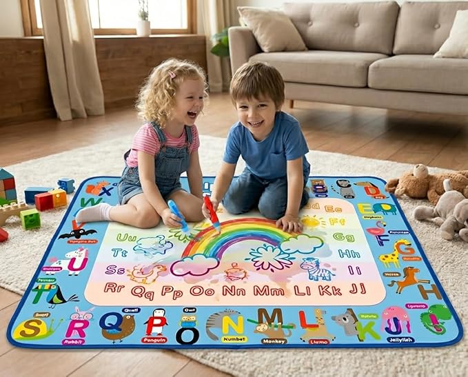 ANIMOLDS Water Doodle Mat 40″ × 32″ – Aqua Magic Drawing Board for Toddlers & Kids | Alphabet Safari Theme Educational Art Play Mat | Reusable, Mess-Free Water Painting Toy