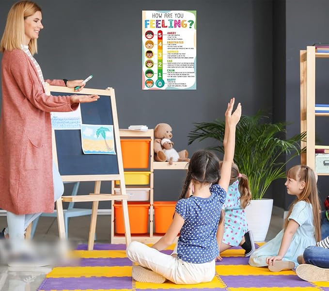 FaCraft Feelings Chart Poster for Kids Toddlers - Laminated Emotions Chart Boho Learning Educational Posters for Preschool Kindergarten Classroom Bulletin Board Decorations Teacher Back to School