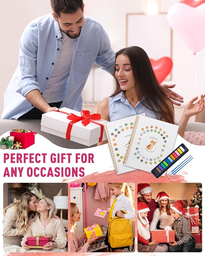 Dancart 10.2" x 8.2" Watercolor Books with Outlines, Beginner Watercolor Painting Set With 12 Colors Tin Box & 3 Brushes, Multi-Theme Watercolor Painting Kit for Beginners, Teens & Adults