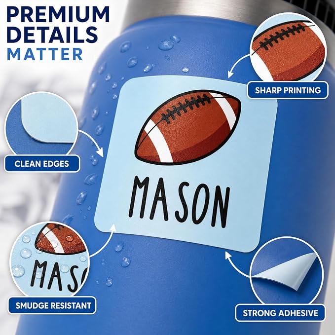 Andaz Press Custom Personalized Waterproof School Name Labels, Football, 120-Pack, Kids Labels Combo Pack, Customizable Multi-Use Name Stickers for Preschool, Daycare, Supplies, Office, Water Bottle