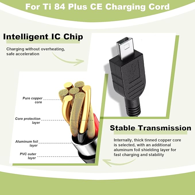 TI-84 Plus CE Calculator Charger: TI 84 Nspire Charging Cable - TI84 Graphing Calculator Charger Cord for Texas Instruments C Silver Edition Ti-nspire CX CAS II C TI-83 TI-85 TI-89 Data Cable (5ft)
