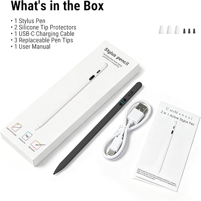 2-in-1 Stylus Pen for Touch Screen + LED Power Display, Dual OS Active Pencil for iPad iPhone Android Samsung Tablet, Tilt Sensitivity for Drawing,Fast Charge, Digital Pencil Compatible with Switch