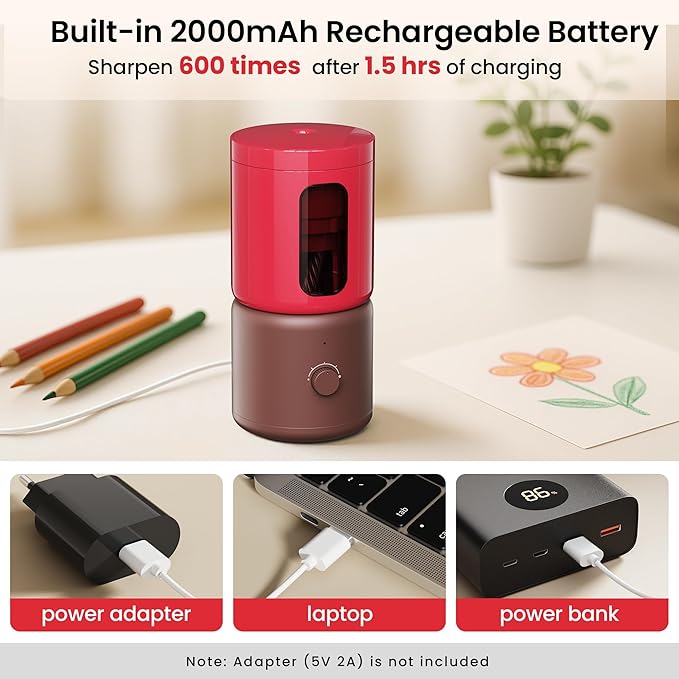 VUSIGN Electric Pencil Sharpener with 5 Adjustable Settings for Artists, Fully Automatic Sharpener for 6.9-11.2mm Pencils, Auto in & Out, Rechargeable Hands-Free Pencil Sharpener for School Classroom