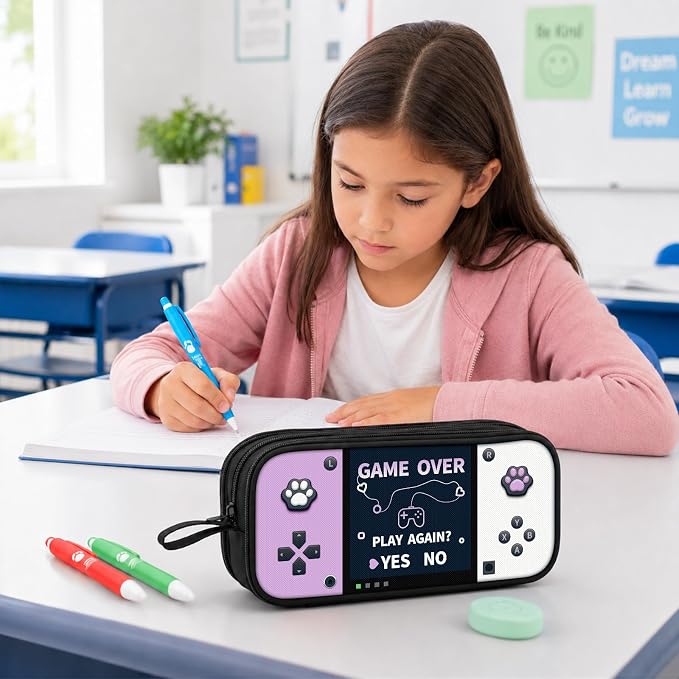 Game Controller Pencil Case for Boys Kids Teens, Large Capacity Pencil Pouch with 3 Compartments, 7 Pockets and Label Pocket for School College Office Travel (Purple & White)