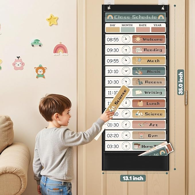 Daily Schedule Pocket Chart for Kids Management, 13+1 Pockets with 30 Cards Black Visual Time Reusable Dry-Eraser Schedule, Teacher Supplies for Boho Classroom Homeschool Decor
